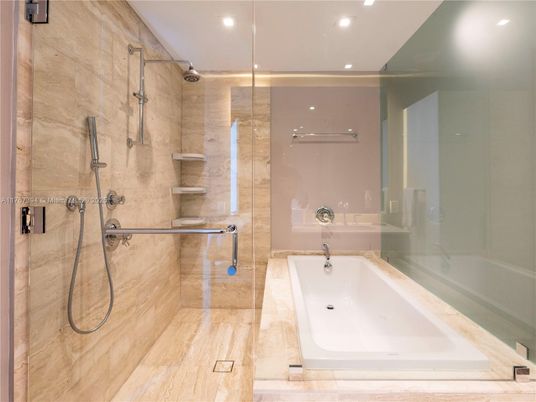Bathroom, Glass Shower, Interior, Recessed Lighting, Wood Texture Flooring