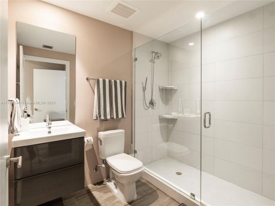 Bathroom, Glass Shower, Interior, Recessed Lighting, Wood Texture Flooring