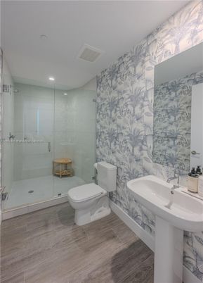 Bathroom, Glass Shower, Interior, Recessed Lighting, Wood Texture Flooring