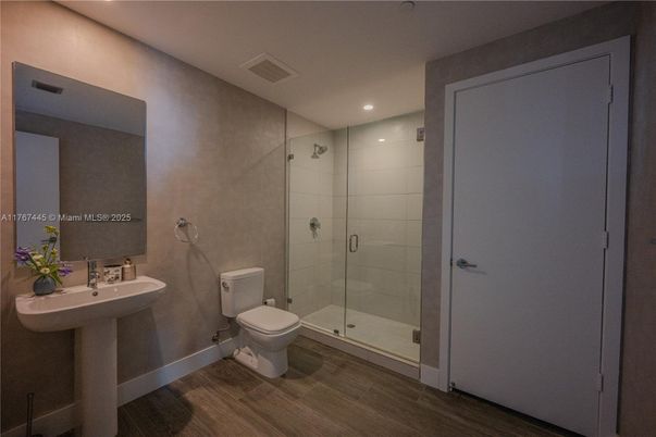 Bathroom, Glass Shower, Interior, Recessed Lighting, Wood Texture Flooring