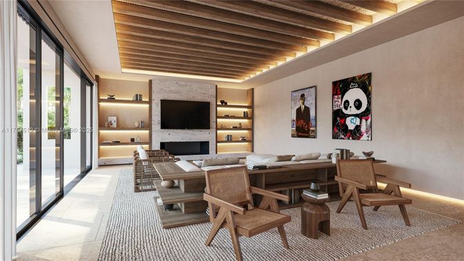 Dining room, Fireplace, Interior, Living room, Wooden Ceilings