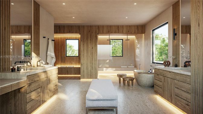 Bathroom, Dual Sink Vanities, Interior, Recessed Lighting, Wooden Walls