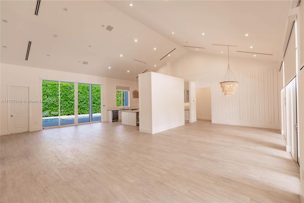 Empty room, Interior, Kitchen, Pendant Lights, Recessed Lighting, Wood Texture Flooring