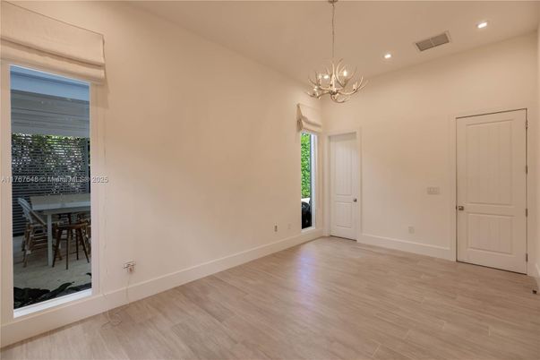 Chandelier, Dining room, Empty room, Interior, Recessed Lighting, Wood Texture Flooring