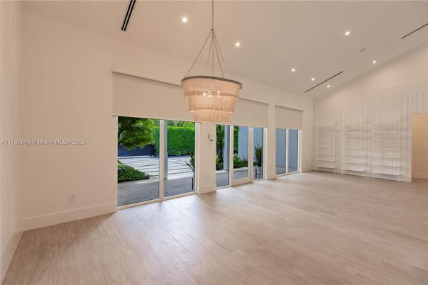 Chandelier, Empty room, Interior, Recessed Lighting, Wood Texture Flooring
