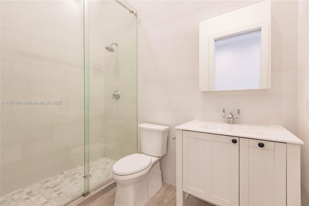 Bathroom, Glass Shower, Interior, Wood Texture Flooring
