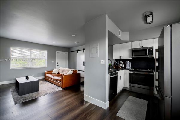 Interior, Kitchen, Living room, Recessed Lighting, Stainless Steel Appliances, Wood Texture Flooring