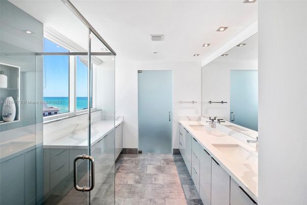 Bathroom, Dual Sink Vanities, Glass Shower, Interior, Recessed Lighting, Water