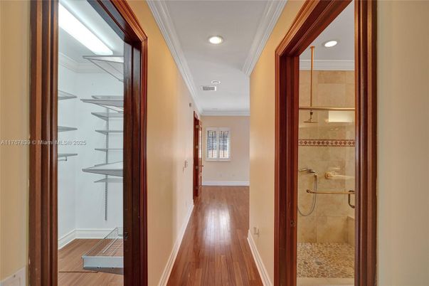 Bathroom, Glass Shower, Interior, Recessed Lighting, Wood Texture Flooring