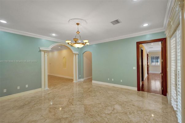 Chandelier, Empty room, Interior, Recessed Lighting, Wood Texture Flooring