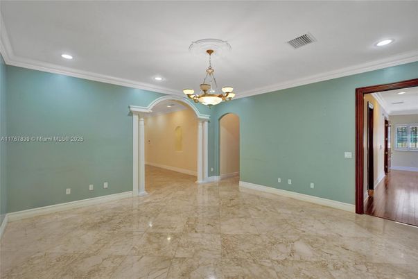 Chandelier, Empty room, Interior, Recessed Lighting, Wood Texture Flooring