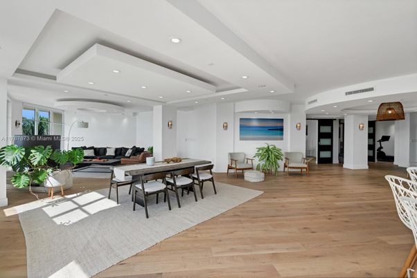 Dining room, Interior, Living room, Recessed Lighting, Wood Texture Flooring