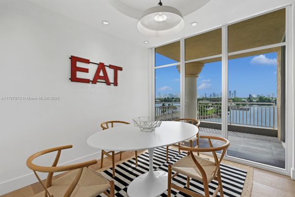 Dining room, Interior, Pendant Lights, Recessed Lighting, Water, Wood Texture Flooring