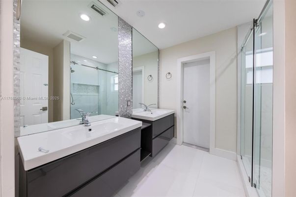 Bathroom, Dual Sink Vanities, Glass Shower, Interior, Recessed Lighting