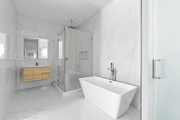 Bathroom, Free Standing Baths, Glass Shower, Interior, Marble, Marble Walls