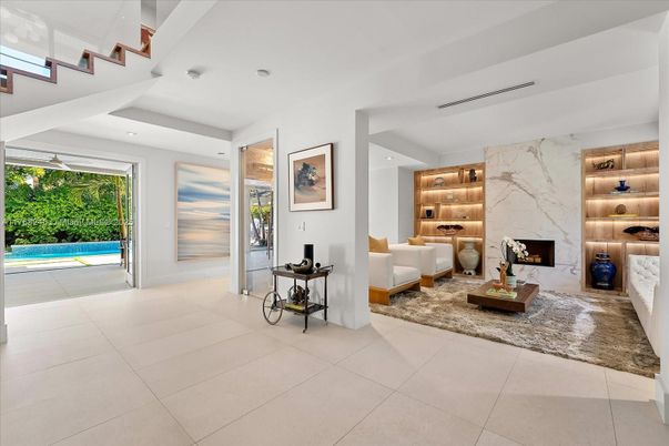 Fireplace, Interior, Living room, Marble Walls, Recessed Lighting