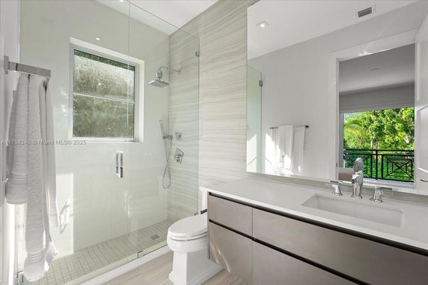 Bathroom, Glass Shower, Interior, Recessed Lighting, Wood Texture Flooring
