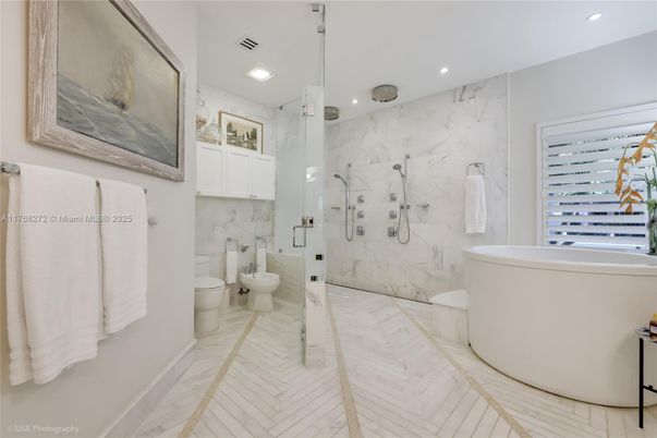 Bathroom, Glass Shower, Interior, Marble, Marble Walls, Recessed Lighting