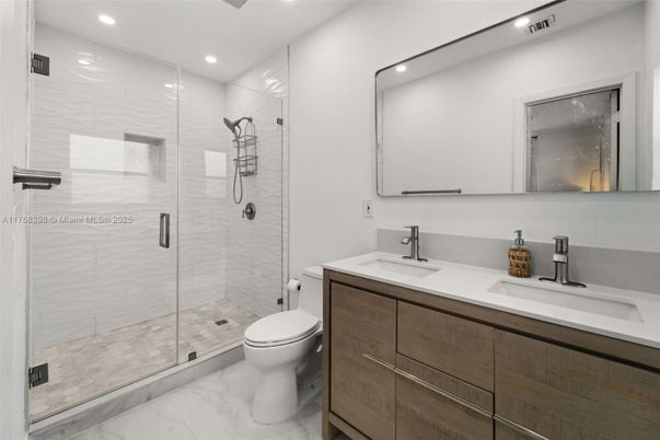 Bathroom, Dual Sink Vanities, Glass Shower, Interior, Marble, Recessed Lighting