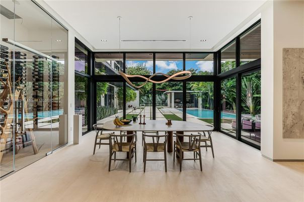 Dining room, Interior, Pendant Lights, Recessed Lighting, Sun Room, Wood Texture Flooring
