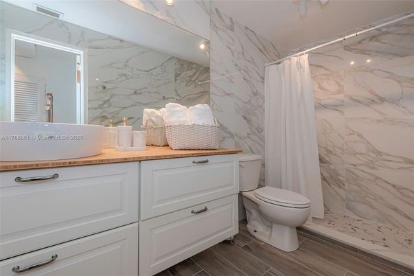 Bathroom, Interior, Marble Walls, Wood Texture Flooring