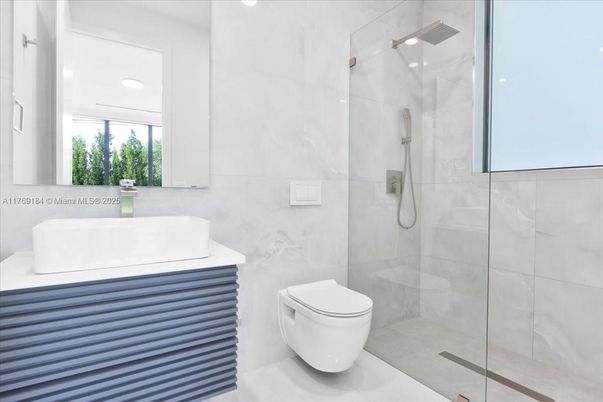 Bathroom, Glass Shower, Interior, Marble Walls, Recessed Lighting