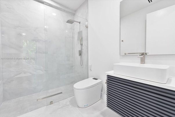 Bathroom, Glass Shower, Interior, Marble, Marble Walls, Recessed Lighting
