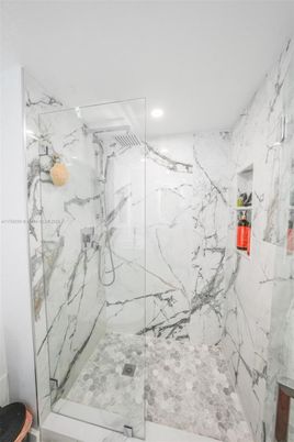 Bathroom, Glass Shower, Interior, Marble Walls, Recessed Lighting