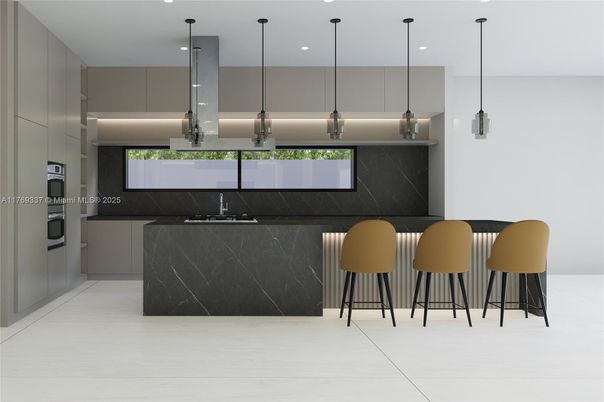 Interior, Kitchen, Marble Walls, Pendant Lights, Recessed Lighting