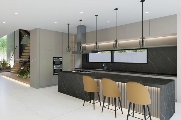 Interior, Kitchen, Marble Walls, Pendant Lights, Recessed Lighting, Stainless Steel Appliances