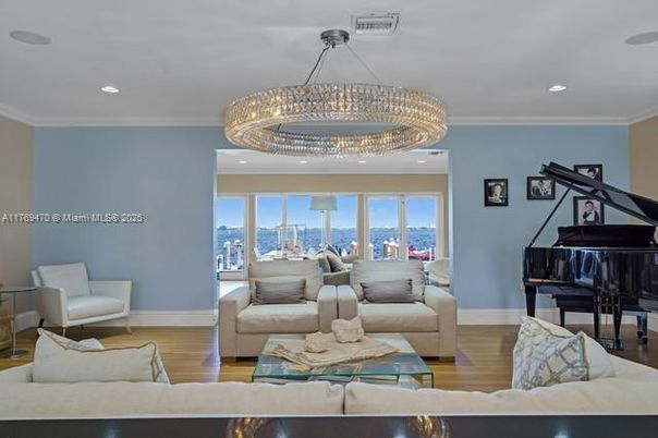 Chandelier, Interior, Living room, Piano, Recessed Lighting, Wood Texture Flooring
