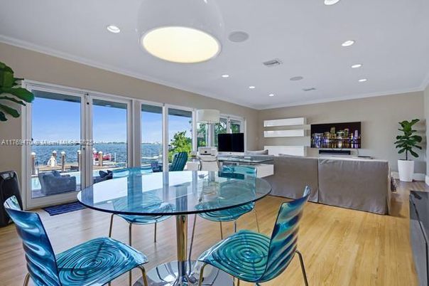 Dining room, Interior, Living room, Recessed Lighting, Water, Wood Texture Flooring