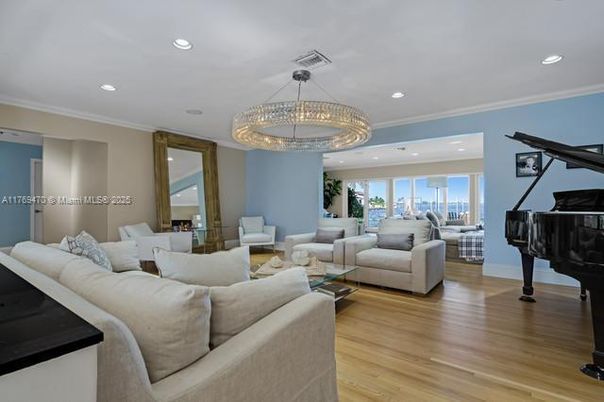 Chandelier, Interior, Living room, Piano, Recessed Lighting, Wood Texture Flooring