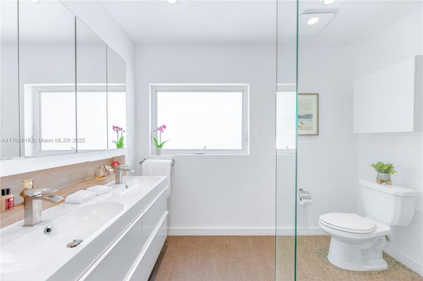 Bathroom, Glass Shower, Interior, Recessed Lighting, Wood Texture Flooring