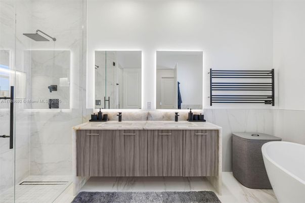 Bathroom, Dual Sink Vanities, Glass Shower, Interior, Marble, Marble Walls