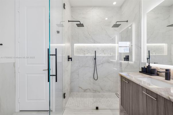 Bathroom, Glass Shower, Interior, Marble Walls, Recessed Lighting