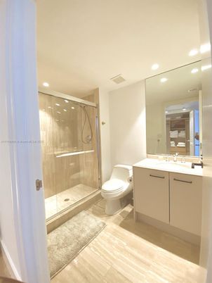 Bathroom, Glass Shower, Interior, Recessed Lighting, Wood Texture Flooring