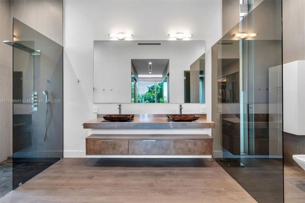 Bathroom, Dual Sink Vanities, Glass Shower, Interior, Wood Texture Flooring