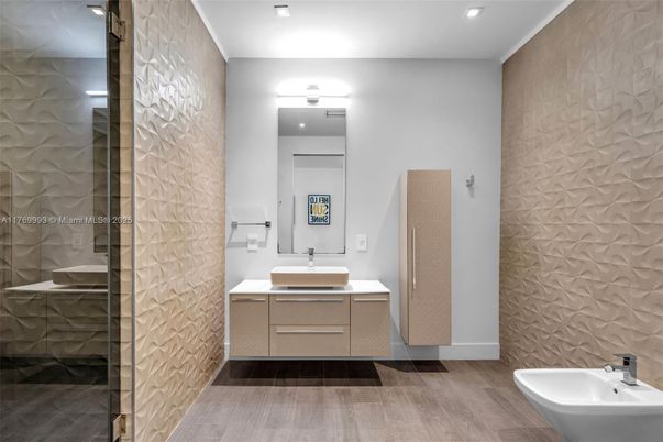 Bathroom, Dual Sink Vanities, Interior, Recessed Lighting, Wood Texture Flooring