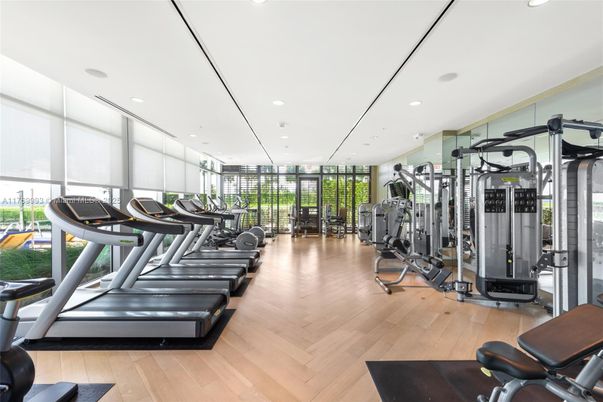 Fitness Equipment, Gym, Interior, Recessed Lighting, Wood Texture Flooring