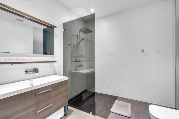 Bathroom, Glass Shower, Interior, Recessed Lighting, Wood Texture Flooring