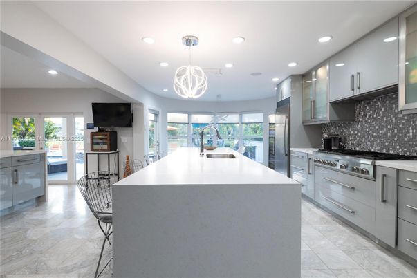 Interior, Kitchen, Marble, Pendant Lights, Recessed Lighting, Stainless Steel Appliances