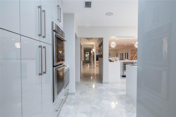 Interior, Kitchen, Marble, Pendant Lights, Recessed Lighting, Stainless Steel Appliances