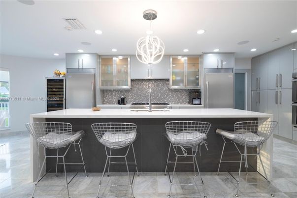 Interior, Kitchen, Marble, Pendant Lights, Recessed Lighting, Stainless Steel Appliances