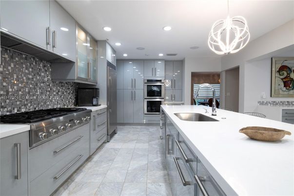 Interior, Kitchen, Marble, Pendant Lights, Recessed Lighting, Stainless Steel Appliances