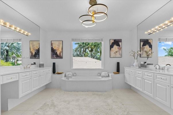 Bathroom, Dual Sink Vanities, Free Standing Baths, Interior, Pendant Lights