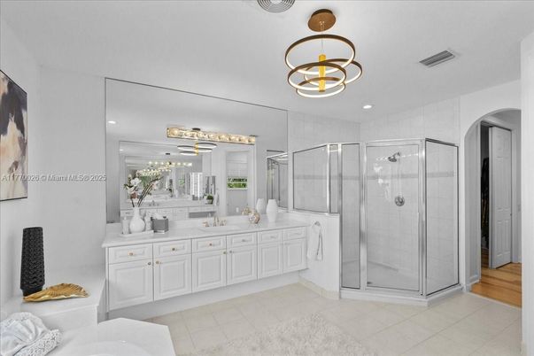 Bathroom, Dual Sink Vanities, Glass Shower, Interior, Pendant Lights, Recessed Lighting