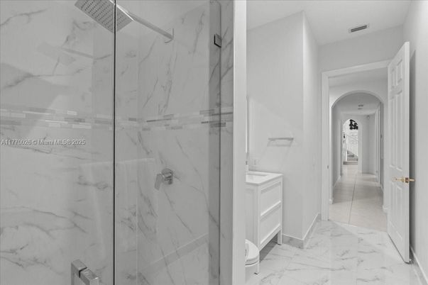 Bathroom, Glass Shower, Interior, Marble, Marble Walls