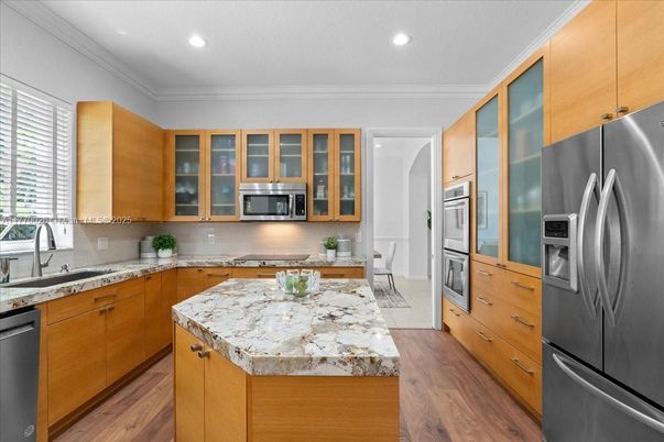 Interior, Kitchen, Recessed Lighting, Stainless Steel Appliances, Wood Texture Flooring
