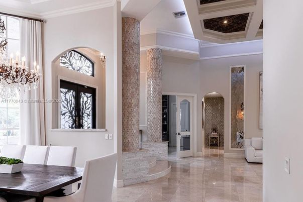 Chandelier, Dining room, Fireplace, Interior